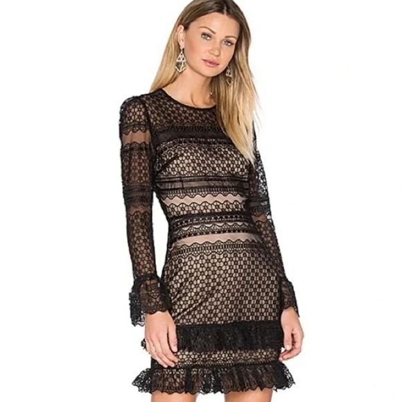 Parker Nadia Black Lace Long Sleeve Ruffle Cuff Mini Dress Size 2 - Picture 1 of 13